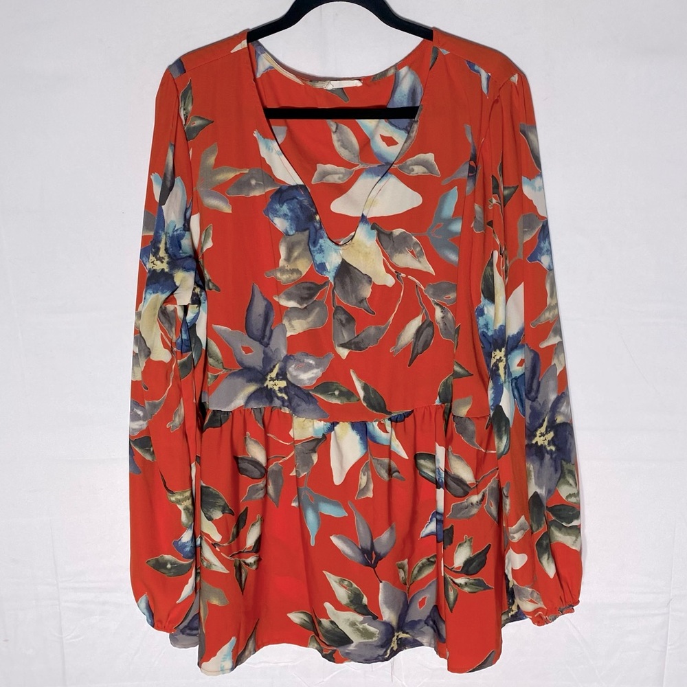 Oddy Orange Blue Cream Floral V Neck Long Sleeve Babydoll Peplum Blouse 3XL